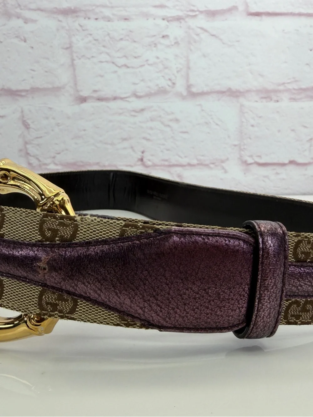 Gucci Vintage Bamboo GG Canvas Leather Waist Metallic Purple Belt 75/30
